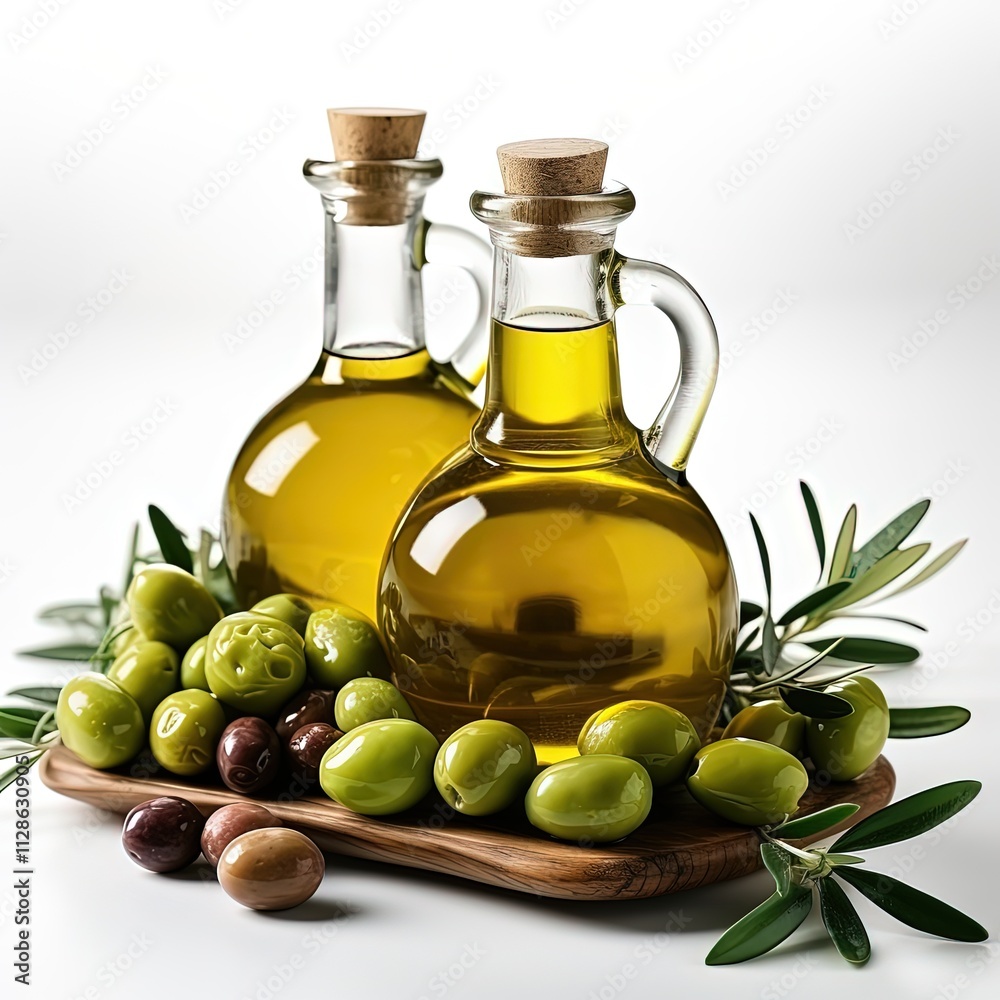 Elegant Olive Oil Bottle with Fresh Olives on White Background Elegant Olive Oil Bottle with Fresh Olives on White Background