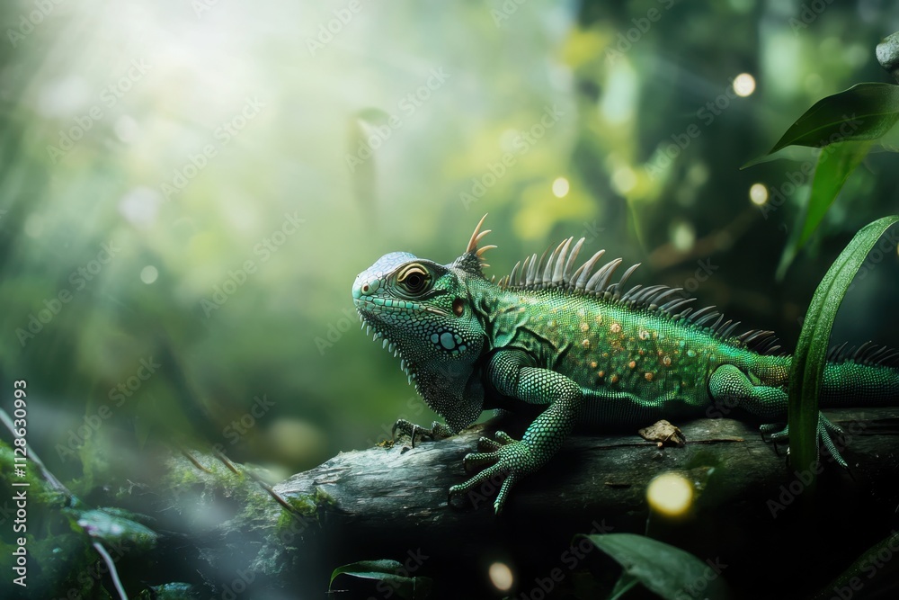 Colorful lizard resting on a log in a tropical jungle during daylight Colorful lizard resting on a log in a tropical jungle during daylight
