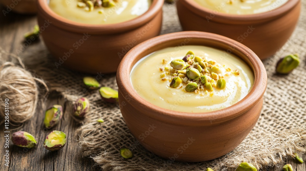 A cozy kitchen scene with pistachio pudding in earthenware bowls, surrounded by crushed pistachios and rustic twine A cozy kitchen scene with pistachio pudding in earthenware bowls, surrounded by crushed pistachios and rustic twine