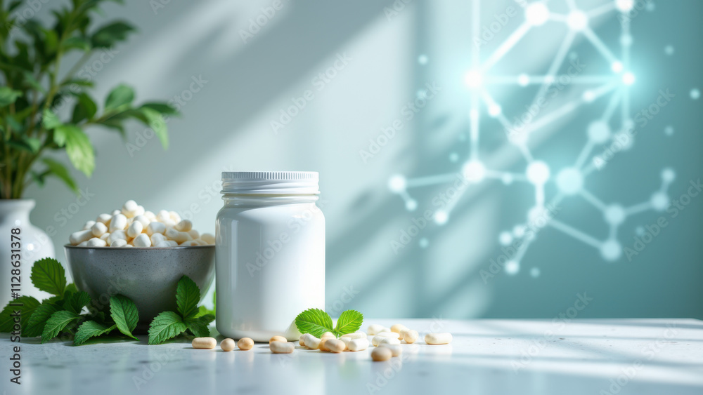 A white desk with a jar of supplements, a bowl of peanuts, and fresh mint leaves; background features molecular graphics representing health-related science. A white desk with a jar of supplements, a bowl of peanuts, and fresh mint leaves; background features molecular graphics representing health-related science.