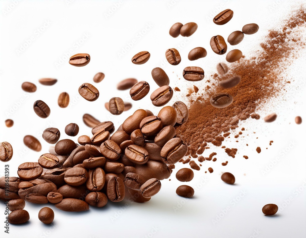 Obraz premium Coffee Splash with Coffee Beans Isolated on White Background
