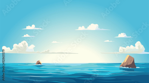 Blue Sky, Cloud Background, Horizon Spring Clear Sky in Morning by the beach, Vector beautiful seascape in Summer, Backdrop panoramic banner white clouds over blue ocean