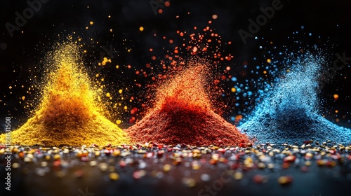 Fototapeta Naklejka Na Ścianę i Meble -  Colorful spice powders exploding in a dramatic display on a dark background.