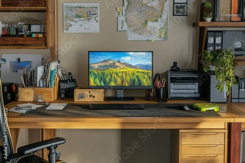 Modern office workspace with vibrant mountain landscape on screen in a wooden desk setting