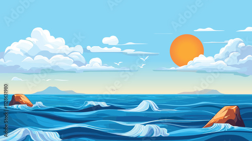 Blue Sky, Cloud Background, Horizon Spring Clear Sky in Morning by the beach, Vector beautiful seascape in Summer, Backdrop panoramic banner white clouds over blue ocean