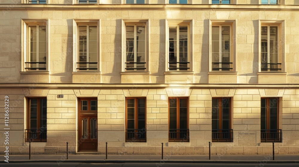 Elegant Parisian building facade, modern minimalist design, full wall with windows and doors, sunny afternoon light, tranquil urban atmosphere, no people visible.