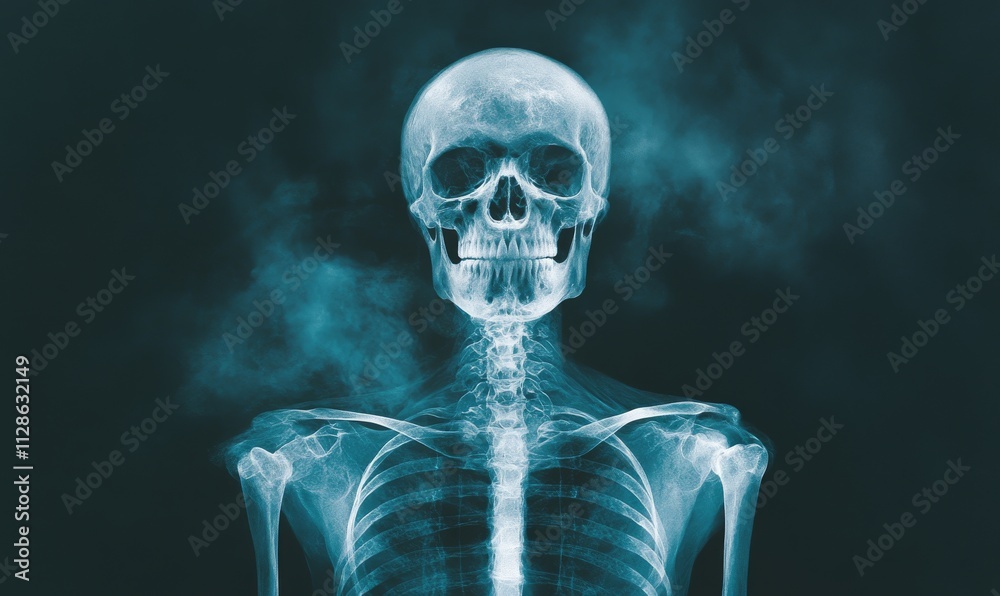 X-ray of a human skeleton revealing detailed anatomical structure in a dark setting. X-ray of a human skeleton revealing detailed anatomical structure in a dark setting.