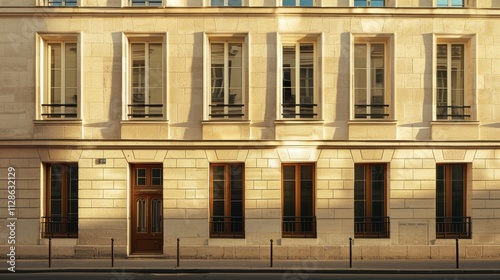 Obraz na płótnie Elegant Parisian building facade, modern minimalist design, full wall with windows and doors, sunny afternoon light, tranquil urban atmosphere, no people visible. w salonie