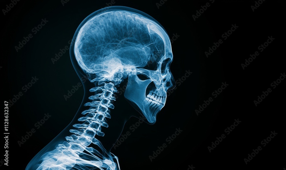 Detailed x-ray image showing a human skull and cervical spine in profile view with clear outlines and definition. Detailed x-ray image showing a human skull and cervical spine in profile view with clear outlines and definition.