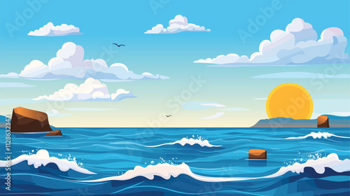 Blue Sky, Cloud Background, Horizon Spring Clear Sky in Morning by the beach, Vector beautiful seascape in Summer, Backdrop panoramic banner white clouds over blue ocean