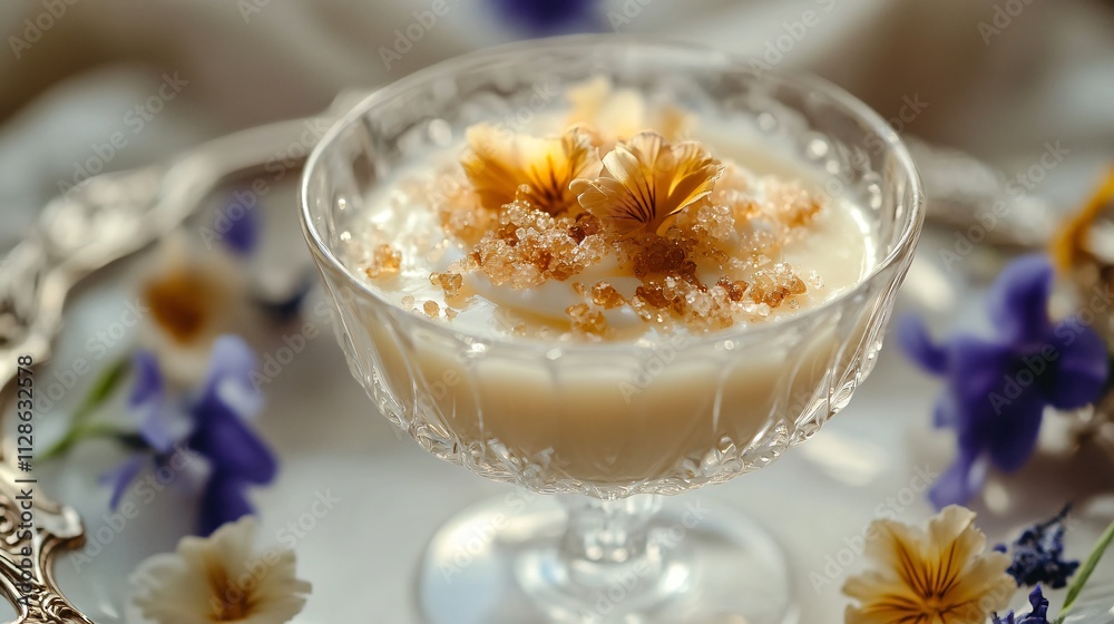 Classic vanilla pudding served in a crystal dish, topped with caramelized sugar and decorative dried flowers Classic vanilla pudding served in a crystal dish, topped with caramelized sugar and decorative dried flowers