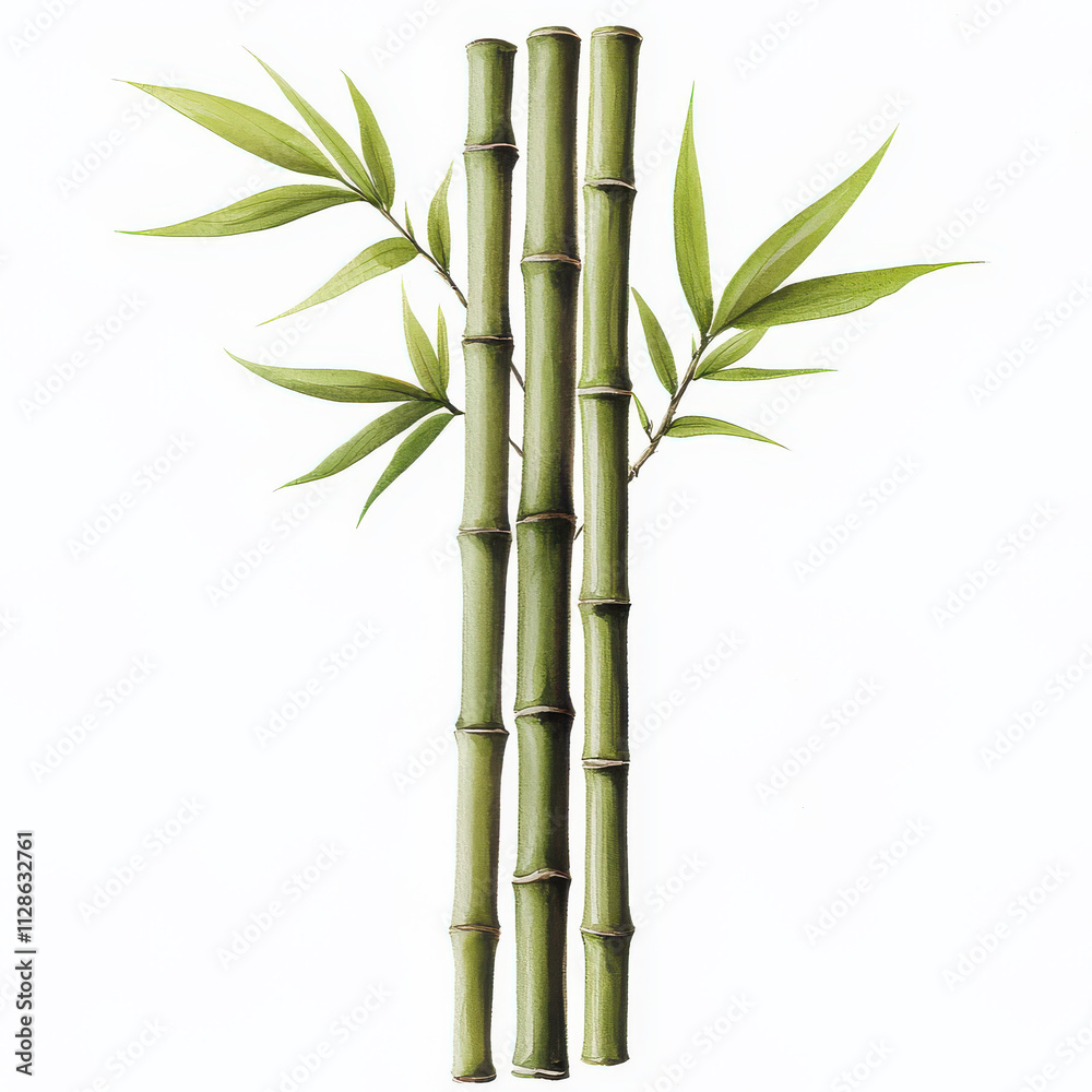 Obraz premium Bamboo stalks with green leaves against a white background.
