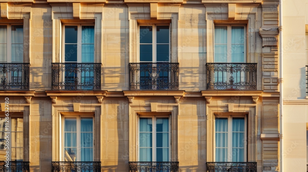 Elegant Parisian building facade, modern minimalist design, full wall with windows and doors, sunny afternoon light, tranquil urban scene, no people visible.