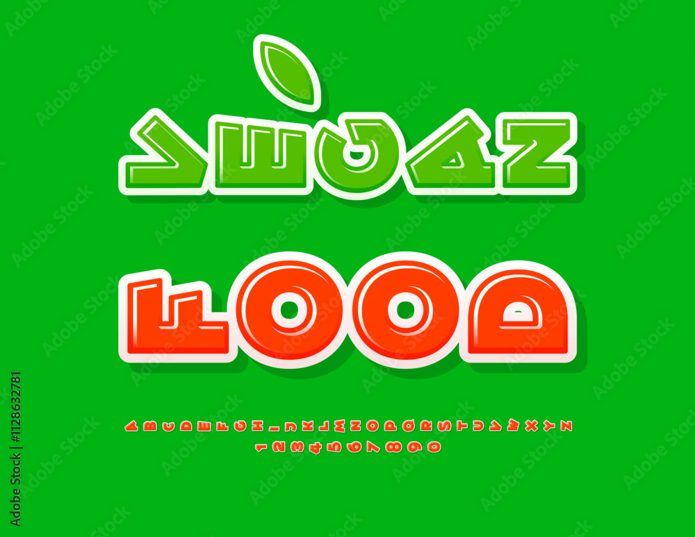 Fototapeta premium Vector ecologic advertisement Vegan Food. Rotated Digital Font. Glossy Red Alphabet Letters and Numbers set.