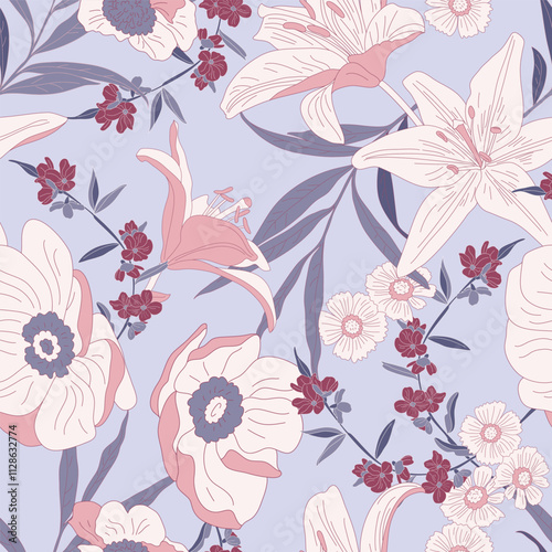 Vector seamless floral pattern for fabric with lilies and small cute flowers, perfect for spring summer mood