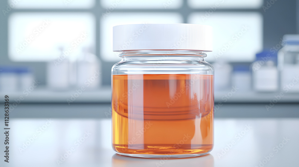 A glass jar filled with orange liquid, set against a blurred laboratory background, suggesting a scientific or medicinal context.