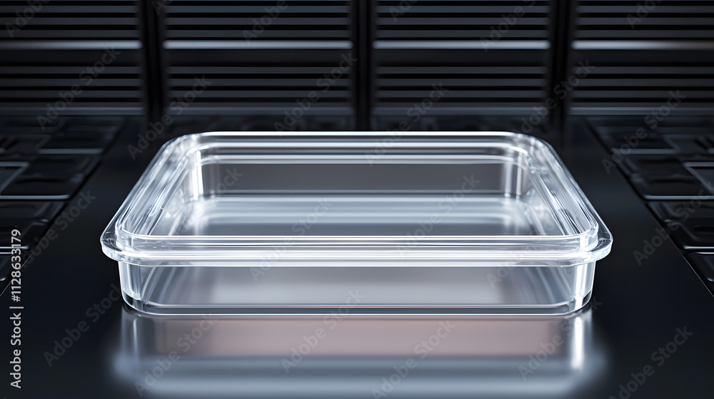 A clear, rectangular food storage container sits on a dark surface, showcasing its simplicity and versatility for kitchen use. A clear, rectangular food storage container sits on a dark surface, showcasing its simplicity and versatility for kitchen use.