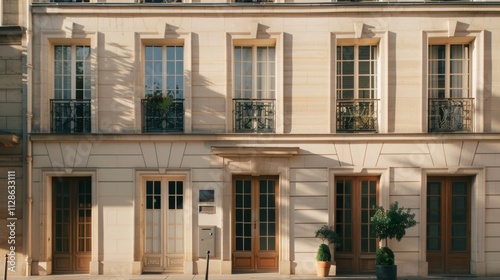 Elegant Parisian building facade, modern minimalist design, full wall with windows and doors, warm sunlight, tranquil urban scene, no people visible.