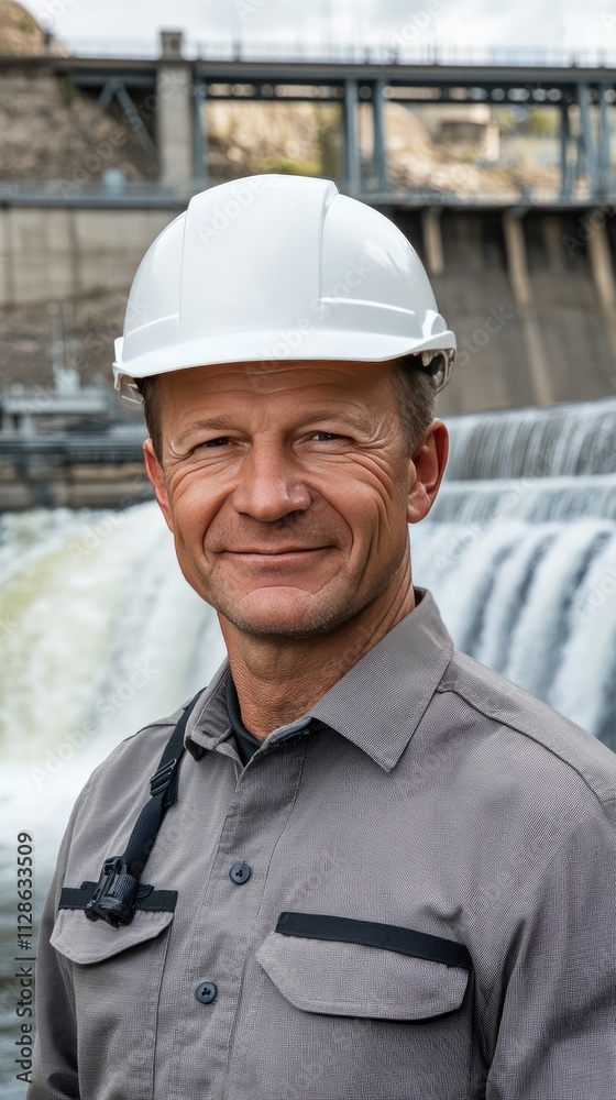 Confident young man poses with arms crossed at dam, modern power station visible behind him, water flowing beneath blue sky Confident young man poses with arms crossed at dam, modern power station visible behind him, water flowing beneath blue sky