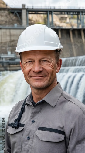 Confident young man poses with arms crossed at dam, modern power station visible behind him, water flowing beneath blue sky photo