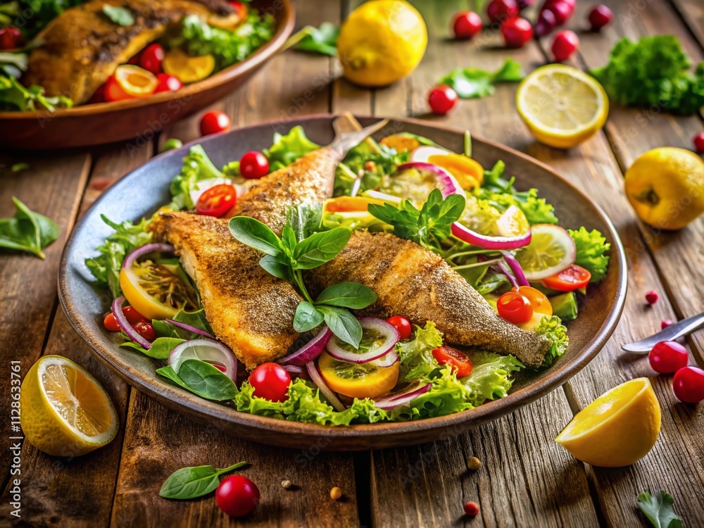 A Vibrant and Fresh Fried Fish Salad Served on a Rustic Wooden Table with Colorful Vegetables, Garnished with Herbs and a Zesty Lemon Dressing Perfect for Summer Dining A Vibrant and Fresh Fried Fish Salad Served on a Rustic Wooden Table with Colorful Vegetables, Garnished with Herbs and a Zesty Lemon Dressing Perfect for Summer Dining