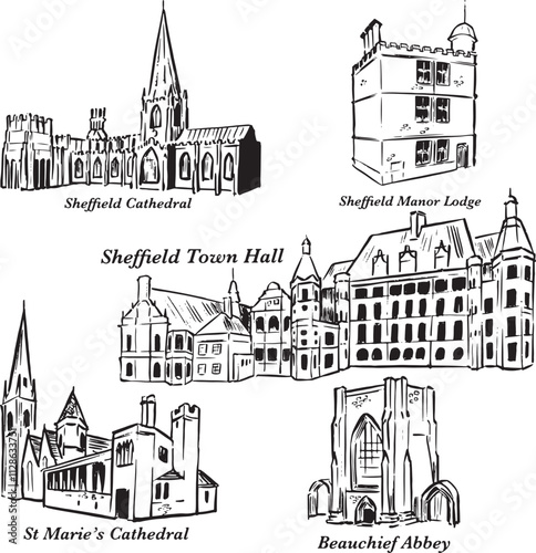 Sheffield landmarks ink illustrations. Cathedral, Town Hall, Abbey old architecture sites drawing. Black and white vector drawings set. Buildings, houses, tourist attraction theme.