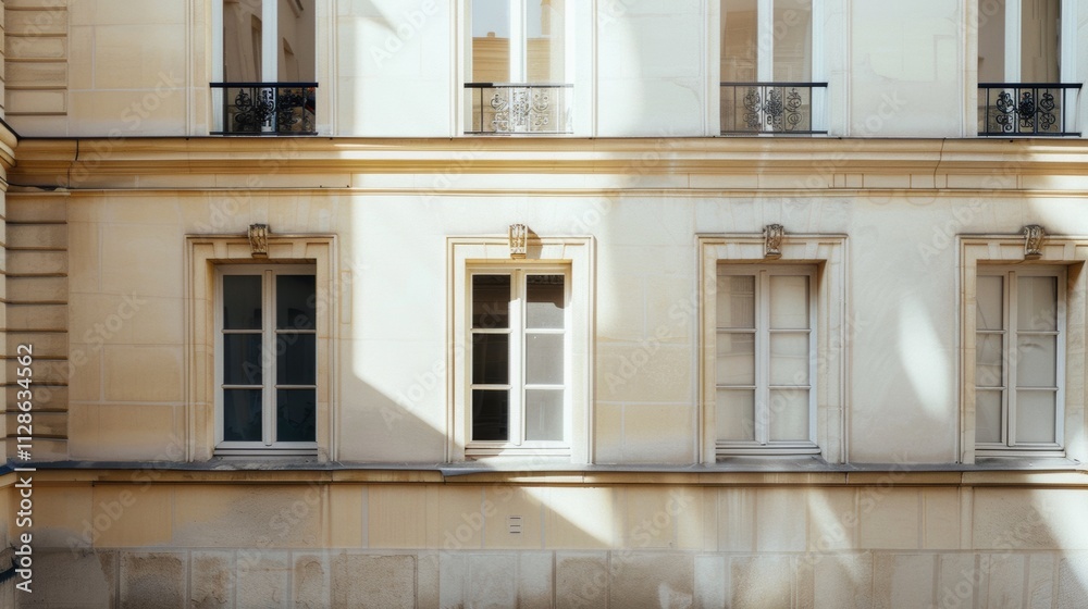 Elegant Parisian building, minimalist architecture, facing a wall with windows and doors, sunny afternoon light, peaceful atmosphere, no people.