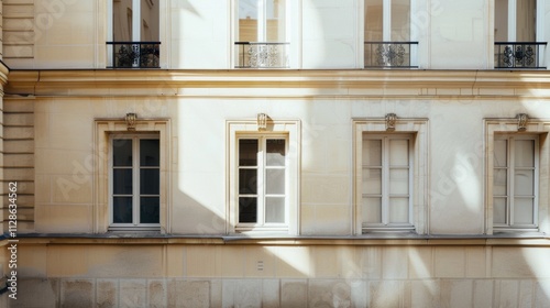Obraz na płótnie Elegant Parisian building, minimalist architecture, facing a wall with windows and doors, sunny afternoon light, peaceful atmosphere, no people. w salonie