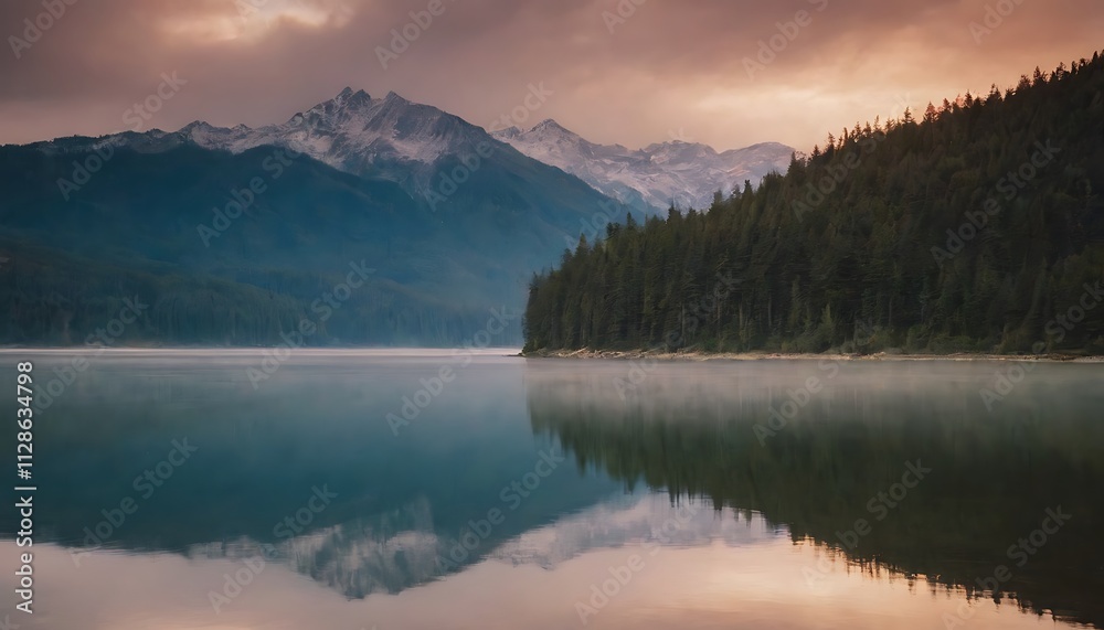 lake reflecting the majestic peaks and the surrounding lush forest, under a clear blue sky. lake reflecting the majestic peaks and the surrounding lush forest, under a clear blue sky.