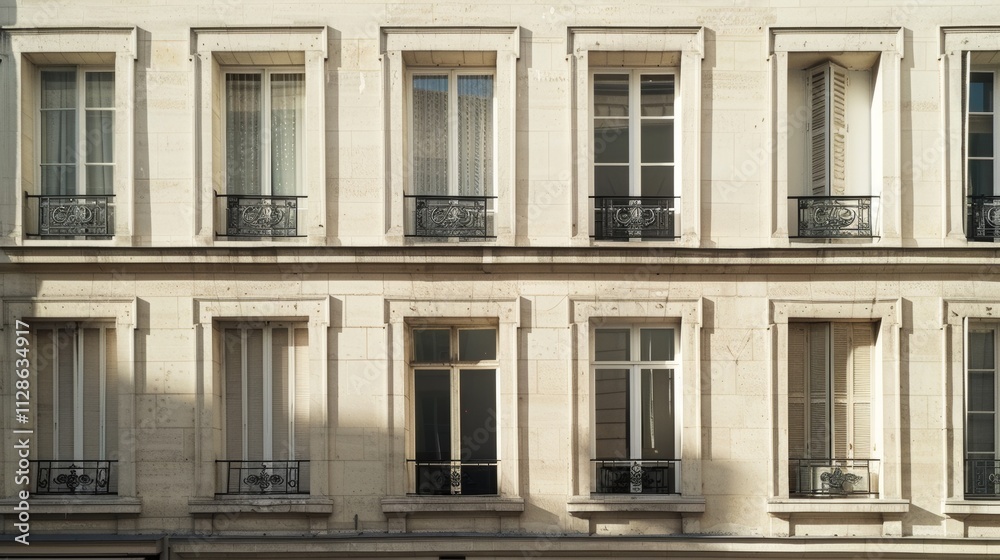 Elegant Parisian building, minimalist design, complete wall with windows and doors, sunny afternoon light, peaceful atmosphere, no people visible.