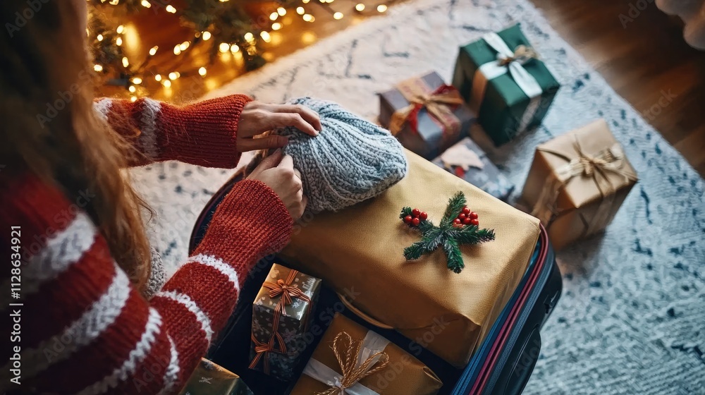 Obraz premium Person wraps gifts with festive decorations in a cozy, warmly lit setting.