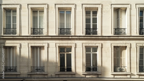 Obraz na płótnie Elegant Parisian building, minimalist design, complete wall with windows and doors, sunny afternoon light, peaceful atmosphere, no people visible. w salonie