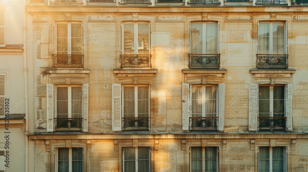 Elegant Parisian building, minimalist design, complete wall with windows and doors, warm sunlight, serene atmosphere, no people present.