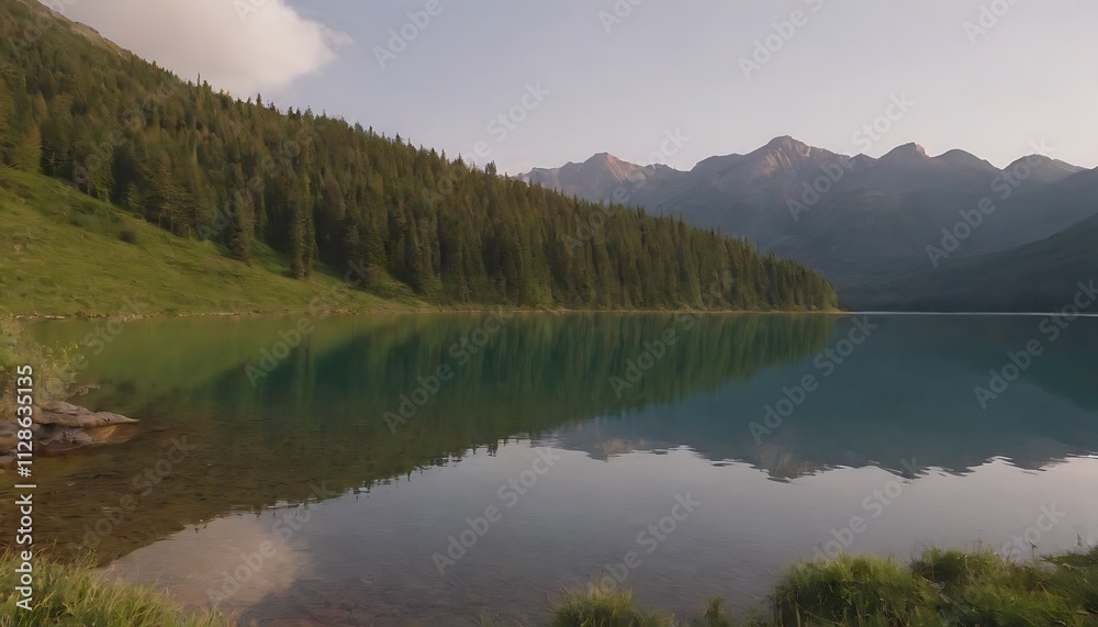 lake reflecting the majestic peaks and the surrounding lush forest, under a clear blue sky. lake reflecting the majestic peaks and the surrounding lush forest, under a clear blue sky.