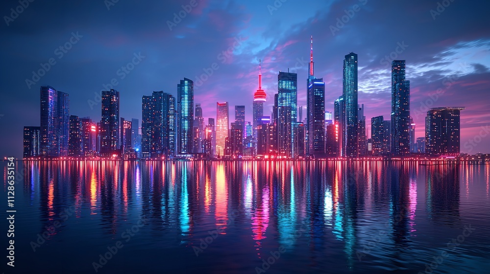 Fototapeta premium A Vibrant Cityscape with Glowing Neon Lights Reflected on Wet Streets