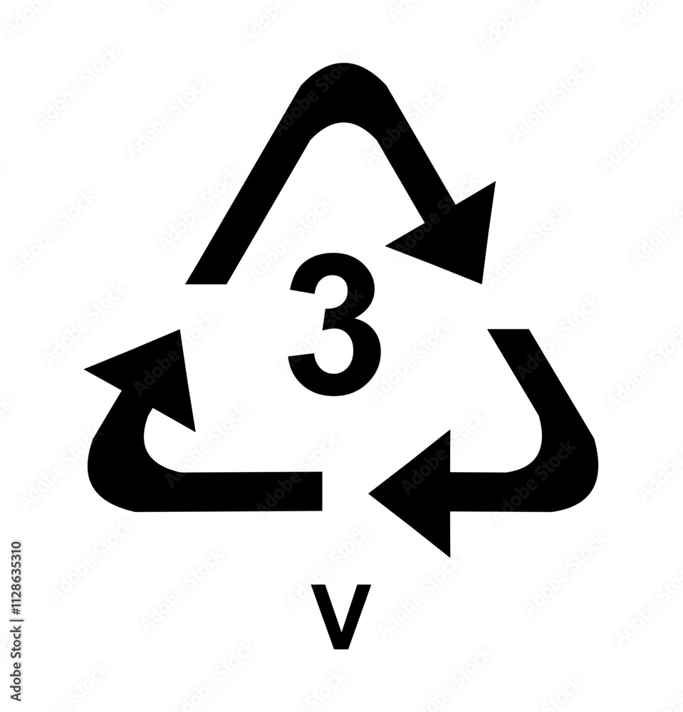Plastic identification codes or plastic recycling symbol. Number 3 V. Plastic identification codes or plastic recycling symbol. Number 3 V.