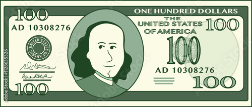 Cartoon US 100 dollar bill. Illustration of the concept of the currency of the United States of America