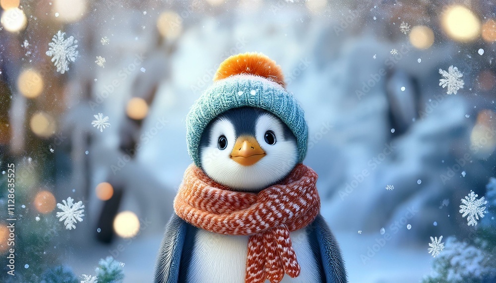 Little cute baby penguin on cold Winter Christmas day in warm clothes. Snowy background. Illustration of a small fictional creature from a child's imagination,copy text space Little cute baby penguin on cold Winter Christmas day in warm clothes. Snowy background. Illustration of a small fictional creature from a child's imagination,copy text space