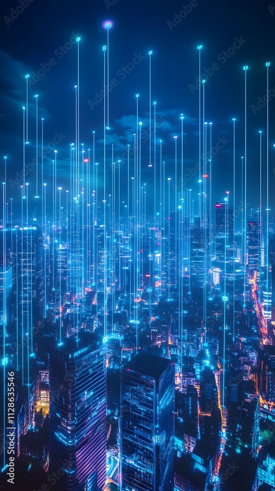 A cityscape with glowing data streams, representing the interconnected nature of smart cities and AI technology. A cityscape with glowing data streams, representing the interconnected nature of smart cities and AI technology.