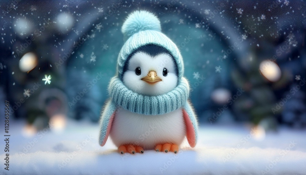 Little cute baby penguin on cold Winter Christmas day in warm clothes. Snowy background. Illustration of a small fictional creature from a child's imagination,copy text space Little cute baby penguin on cold Winter Christmas day in warm clothes. Snowy background. Illustration of a small fictional creature from a child's imagination,copy text space