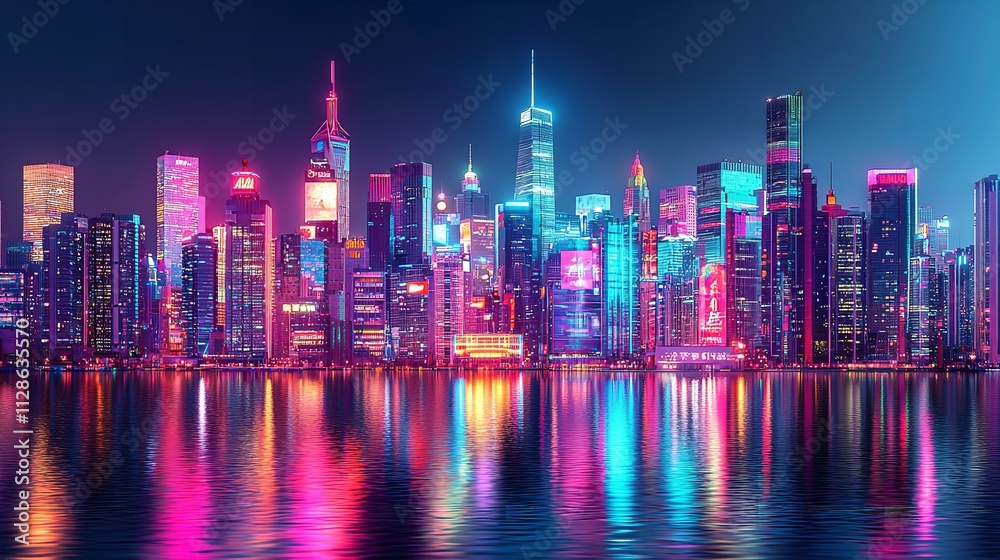 Obraz premium A Vibrant Cityscape with Glowing Neon Lights Reflected on Wet Streets