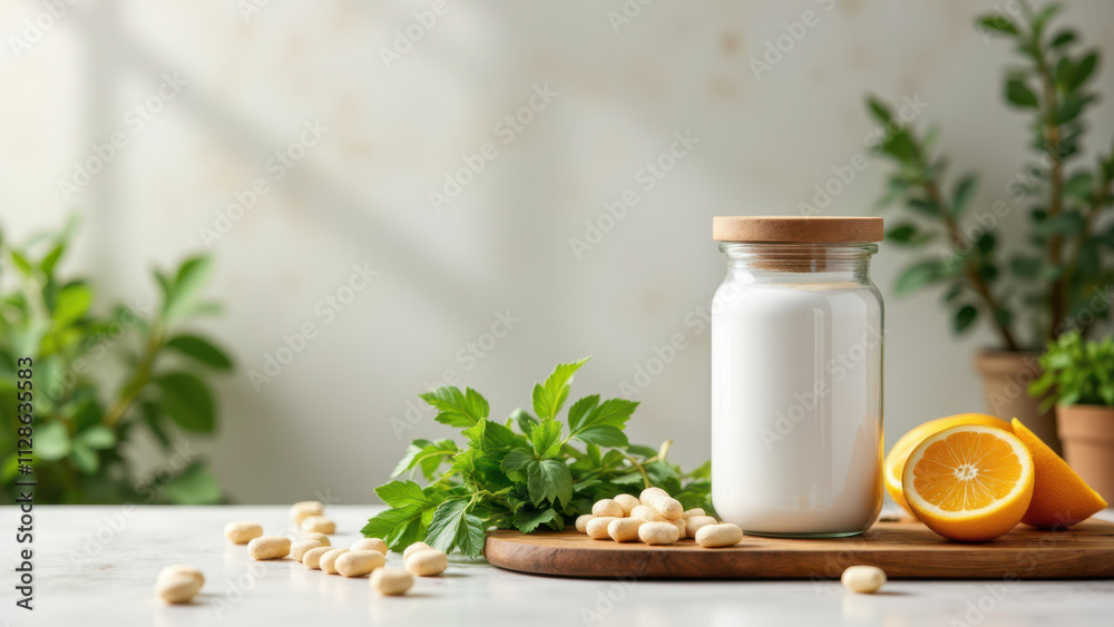 Image of a NAD supplement with associated ingredients on a wooden board. Image of a NAD supplement with associated ingredients on a wooden board.