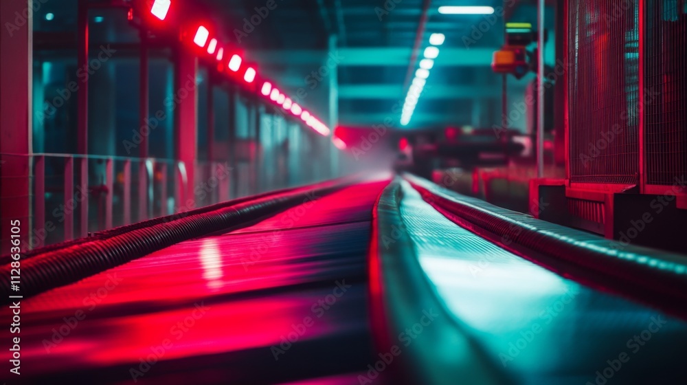 A vibrant industrial scene with glowing red lights accentuating sleek conveyor systems. This dynamic environment sparks curiosity and inspiration. Generative AI A vibrant industrial scene with glowing red lights accentuating sleek conveyor systems. This dynamic environment sparks curiosity and inspiration. Generative AI