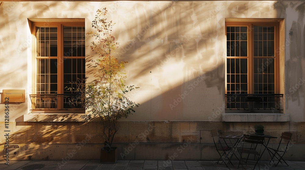 Elegant Parisian building, minimalist design, facing a wall with windows and doors, sunny afternoon light, serene atmosphere, no people visible.