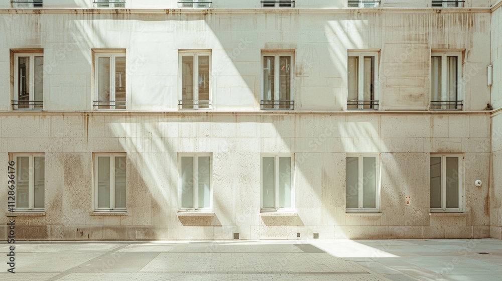 Elegant Parisian building, minimalist design, facing a wall with windows and doors, warm sunlight, peaceful urban scene, no people visible.