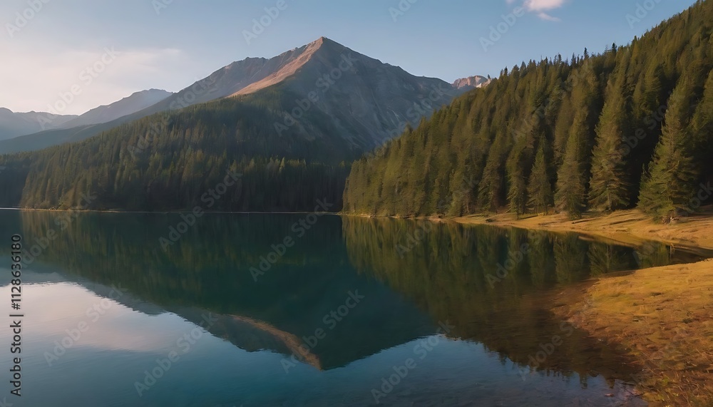 lake reflecting the majestic peaks and the surrounding lush forest, under a clear blue sky. lake reflecting the majestic peaks and the surrounding lush forest, under a clear blue sky.