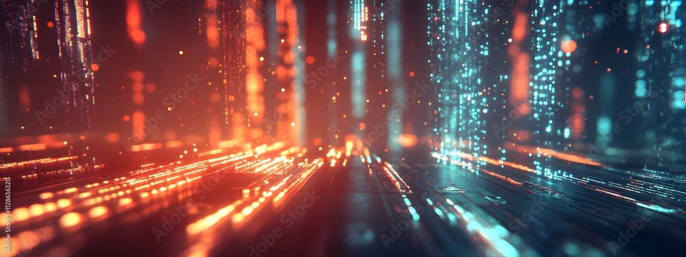 Fototapeta premium A cityscape with glowing data streams, representing the interconnected nature of smart cities and AI technology.