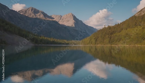 lake reflecting the majestic peaks and the surrounding lush forest, under a clear blue sky.