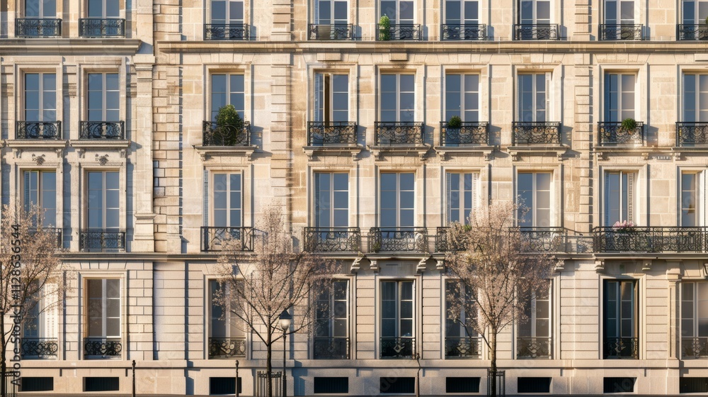 Elegant Parisian building, minimalist design, facing a wall with windows and doors, sunny afternoon, peaceful urban environment, no people visible.