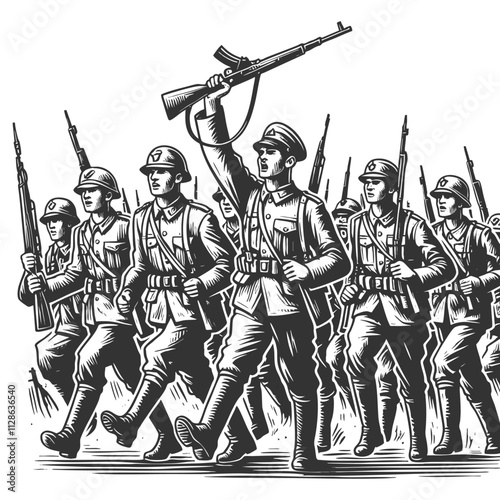 armed soldiers marching in unison, symbolizing discipline, patriotism, and wartime unity sketch engraving generative ai vector illustration. Scratch board imitation. Black and white image.